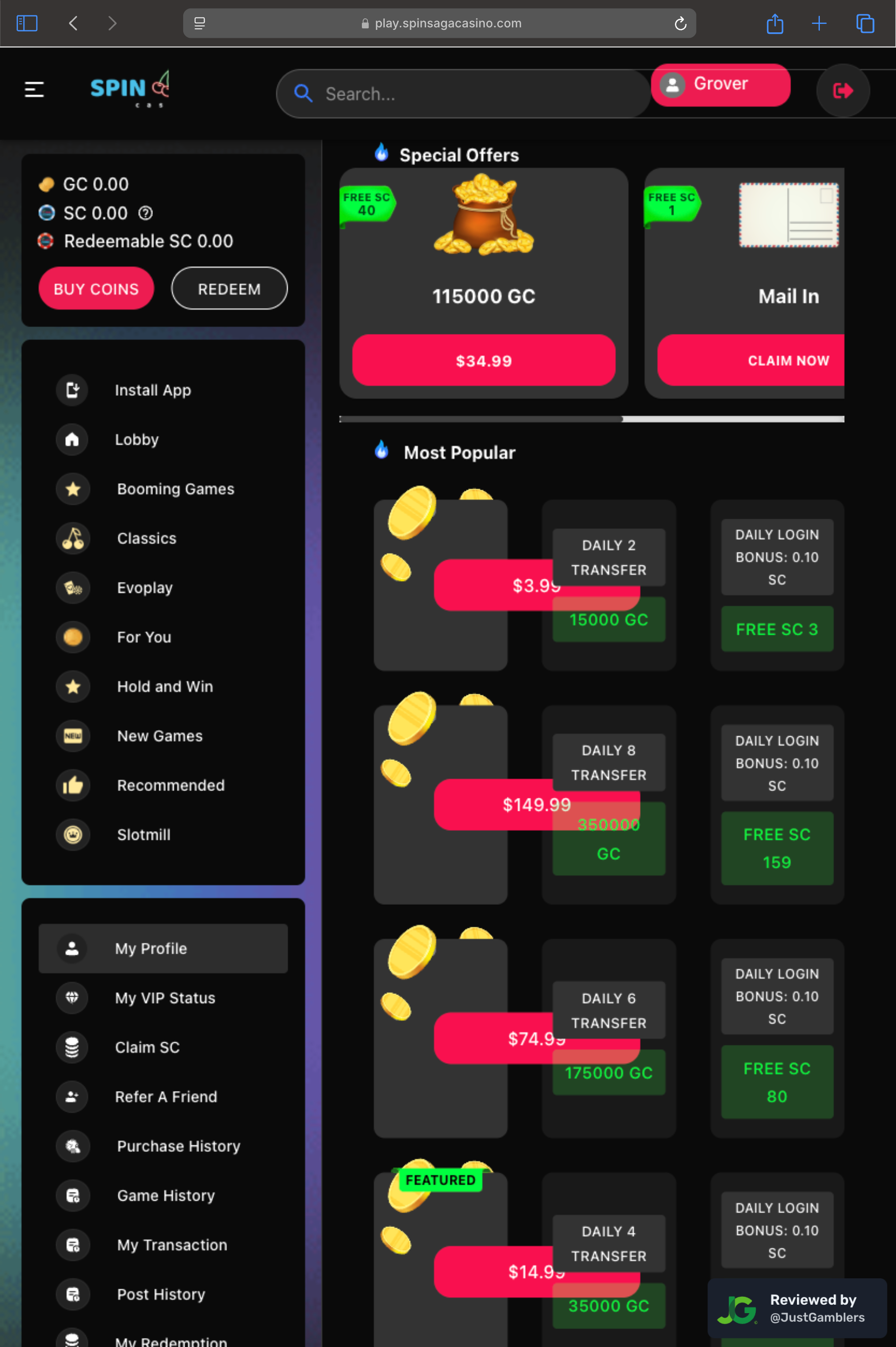 Tablet screenshot of the coin purchase process at SpinSaga.