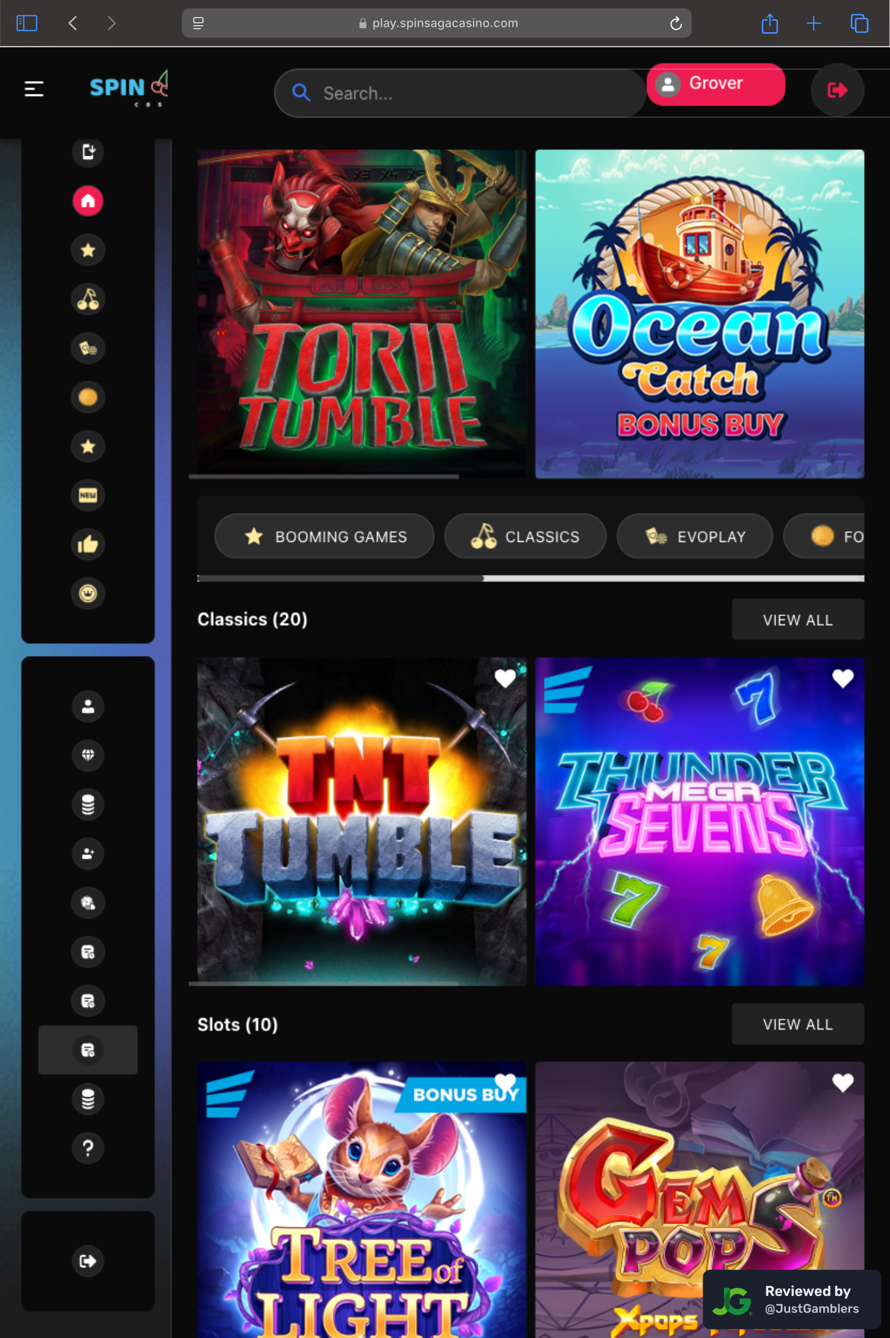 Tablet screenshot of the starting page at SpinSaga.