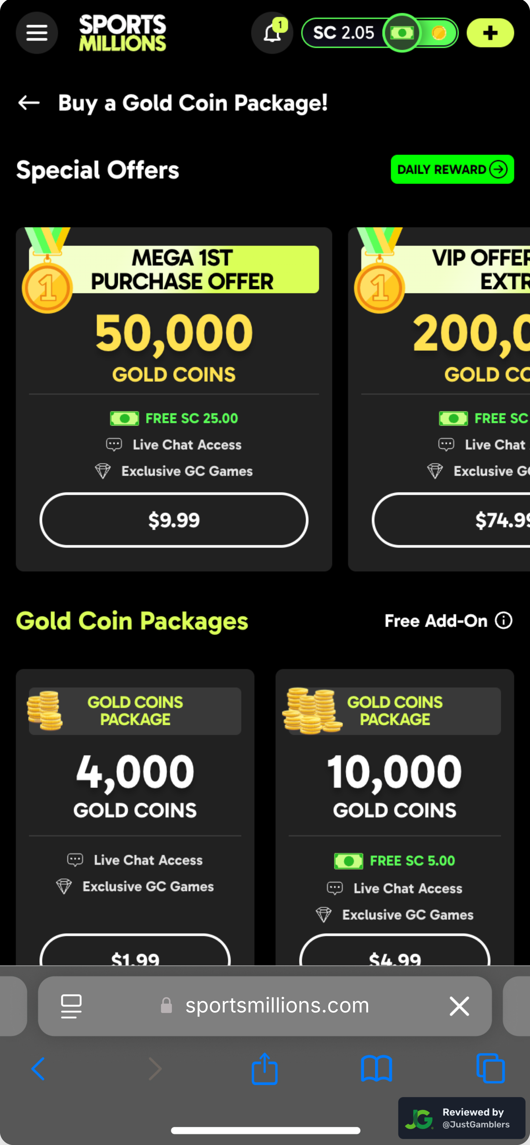 Mobile screenshot of the coin purchase process at Sports Millions.