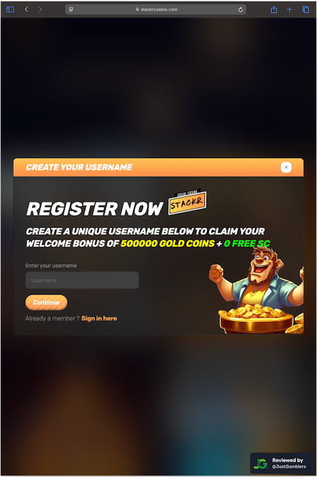 Tablet screenshot of the registration page at Stackr.