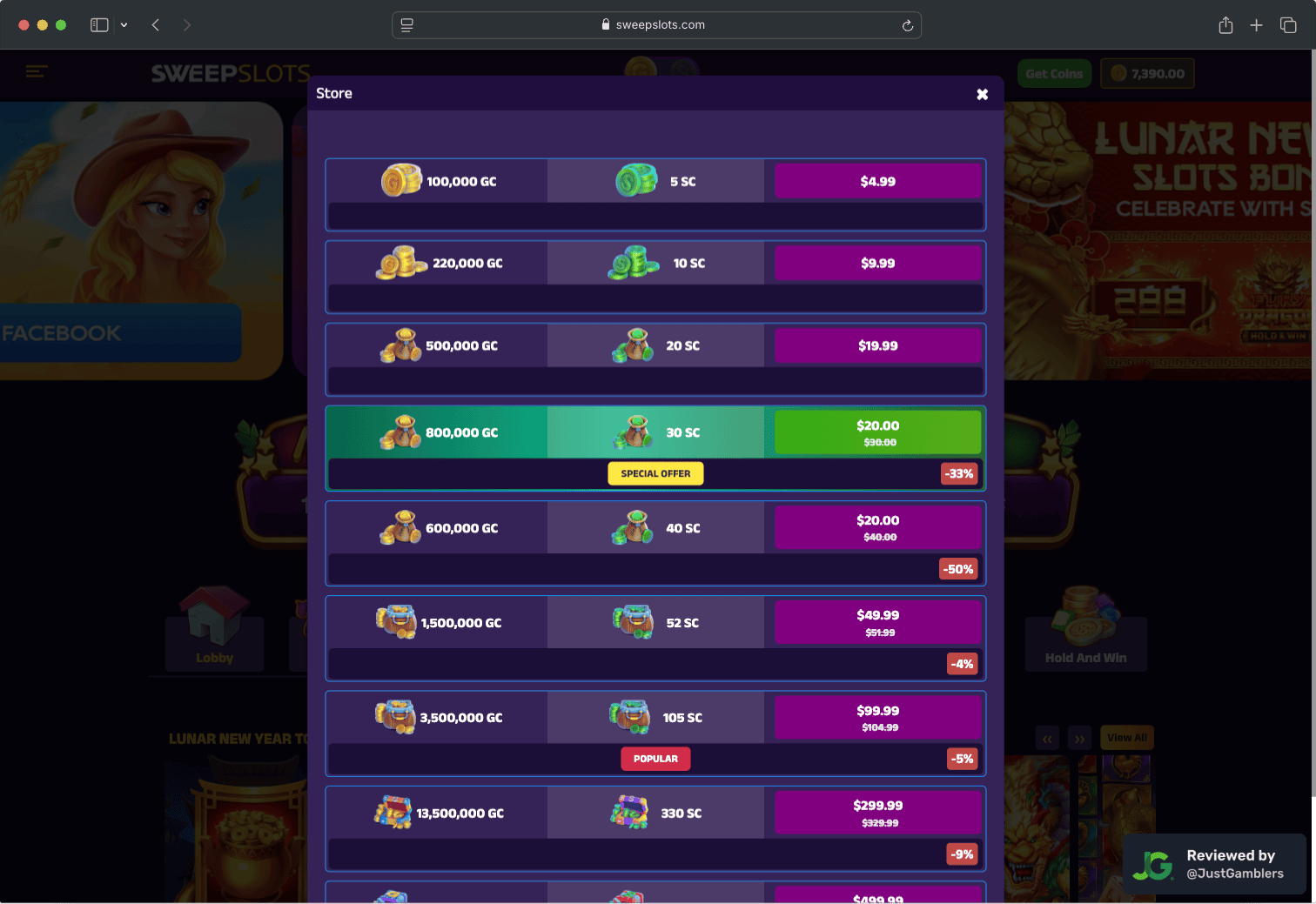 Desktop screenshot of the coin purchase process at SweepSlots.