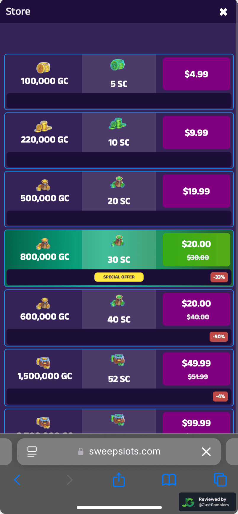 Mobile screenshot of the coin purchase process at SweepSlots.