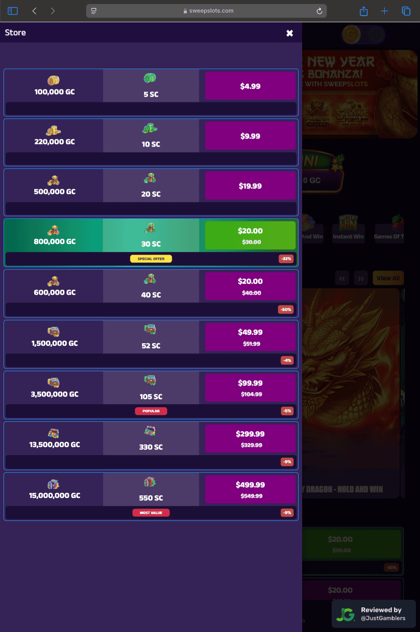 Tablet screenshot of the coin purchase process at SweepSlots.