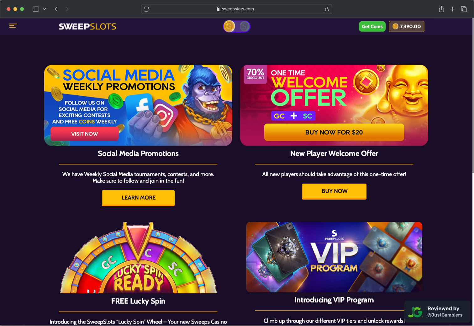 Desktop screenshot of the promo page at SweepSlots.