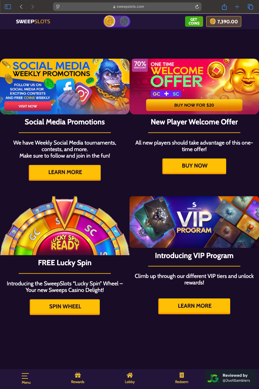Tablet screenshot of the promo page at SweepSlots.