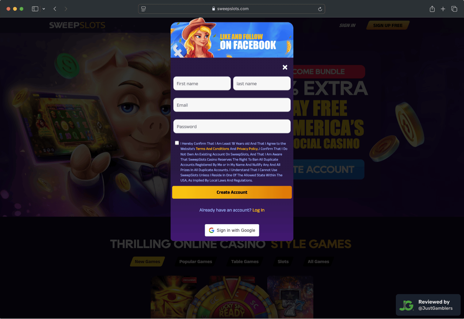Desktop screenshot of the registration page at SweepSlots.