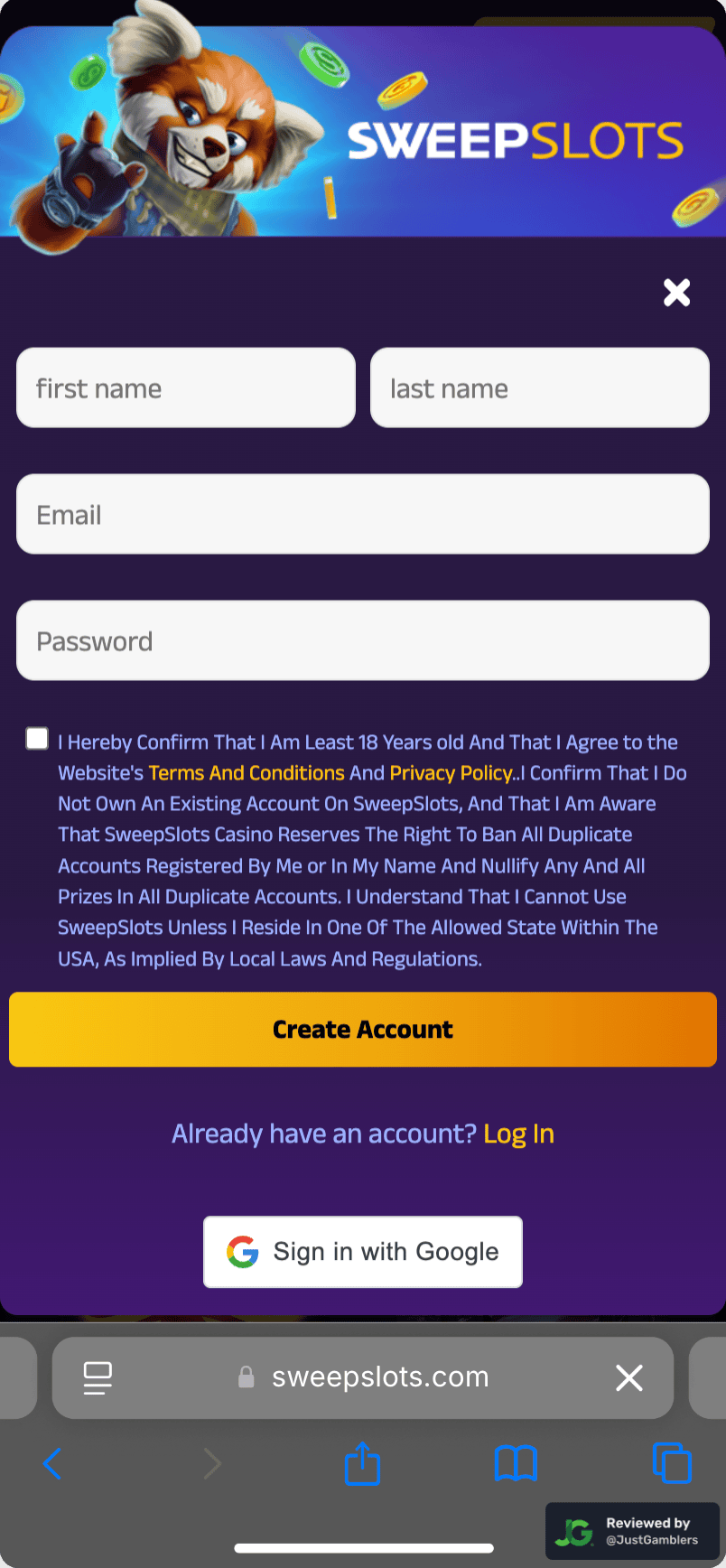 Mobile screenshot of the registration page at SweepSlots.