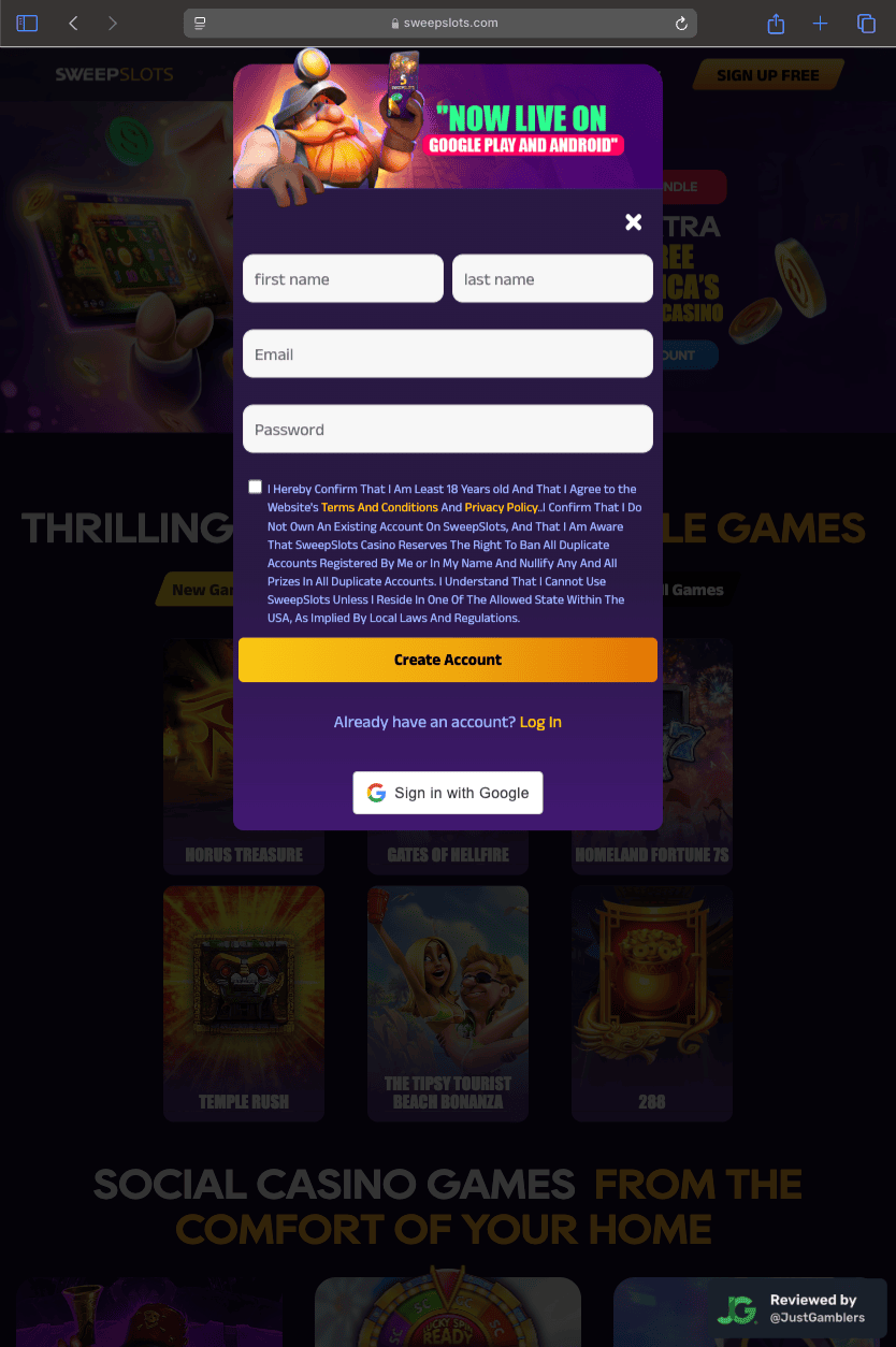 Tablet screenshot of the registration page at SweepSlots.
