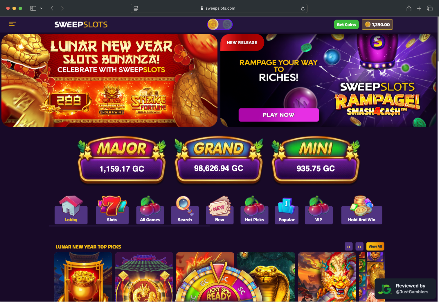 Desktop screenshot of the starting page at SweepSlots.