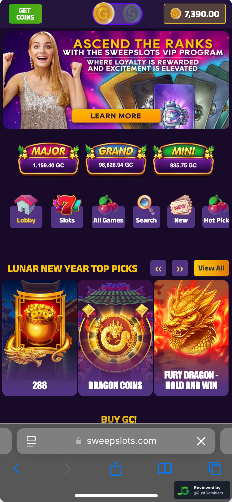Mobile screenshot of the starting page at SweepSlots.