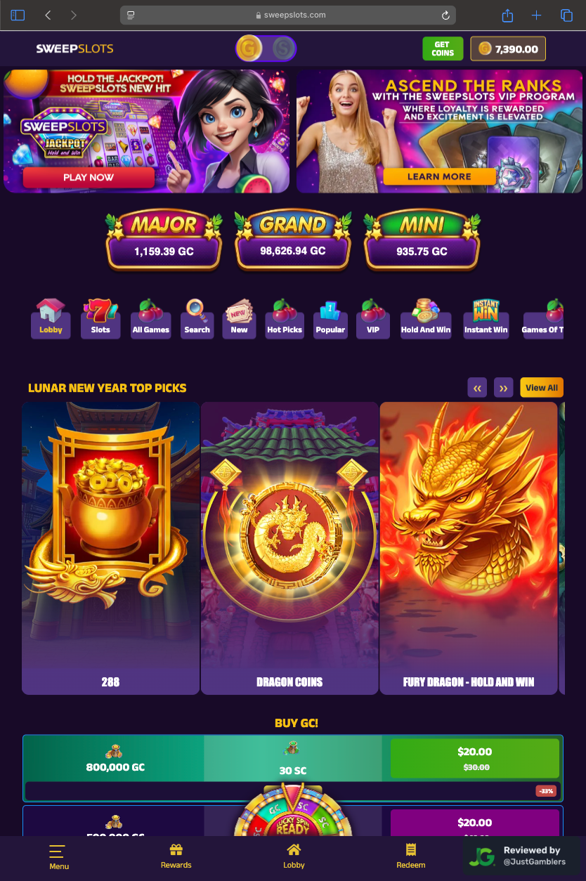Tablet screenshot of the starting page at SweepSlots.