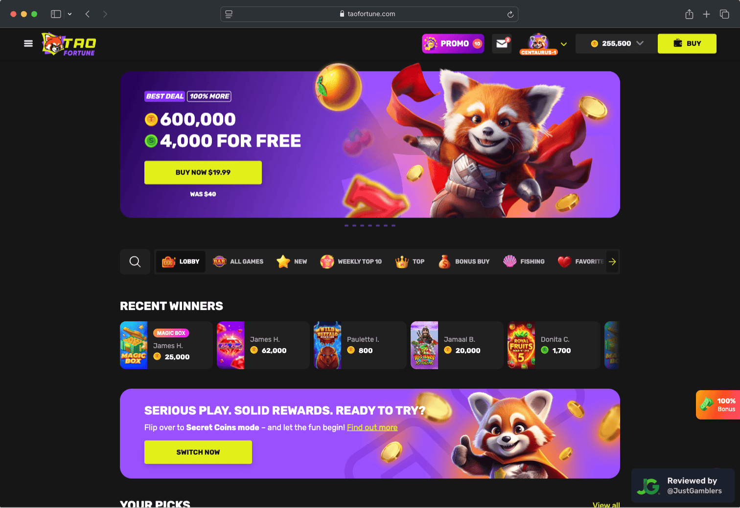 Desktop screenshot of the starting page at TaoFortune.