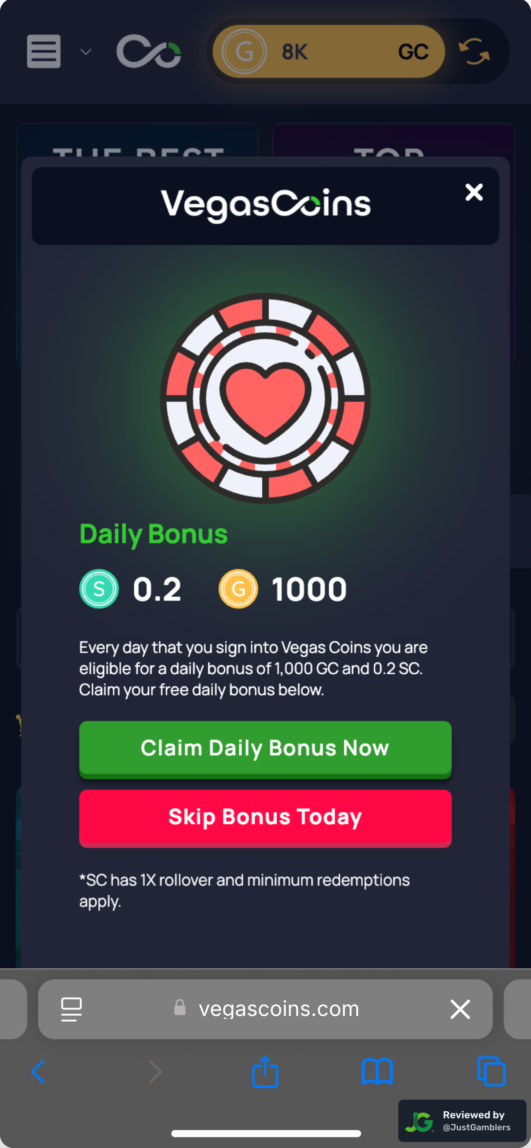 Mobile screenshot of the coin purchase process at Vegas Coins.