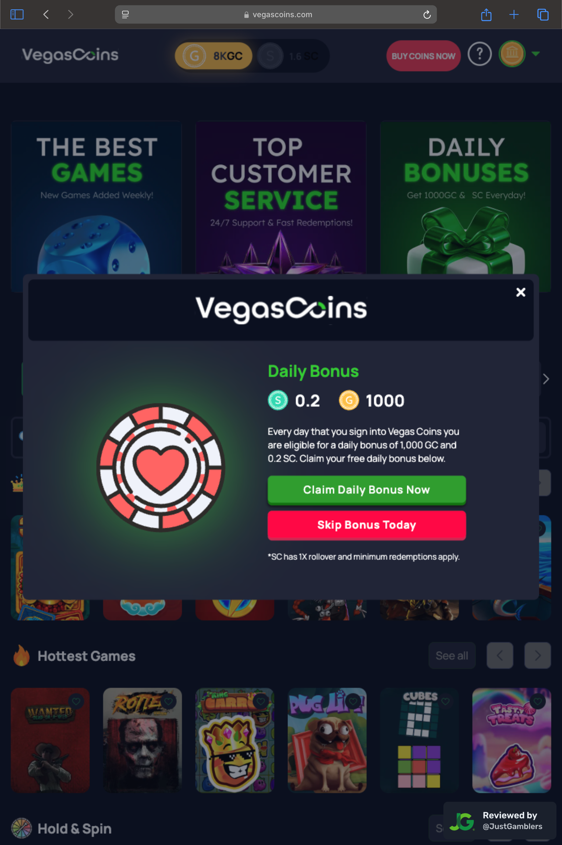 Tablet screenshot of the coin purchase process at Vegas Coins.