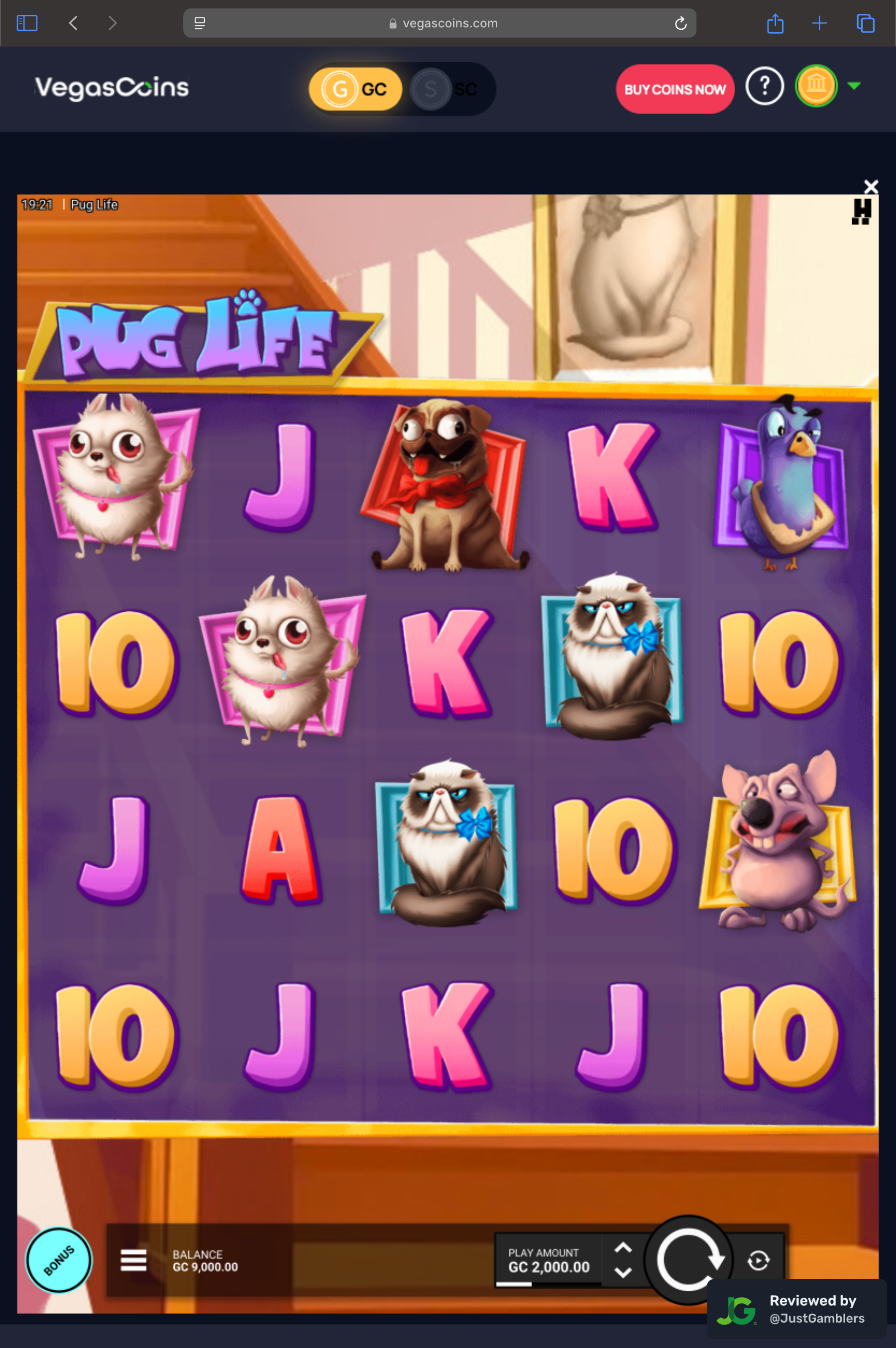 Tablet screenshot of the game page at Vegas Coins.
