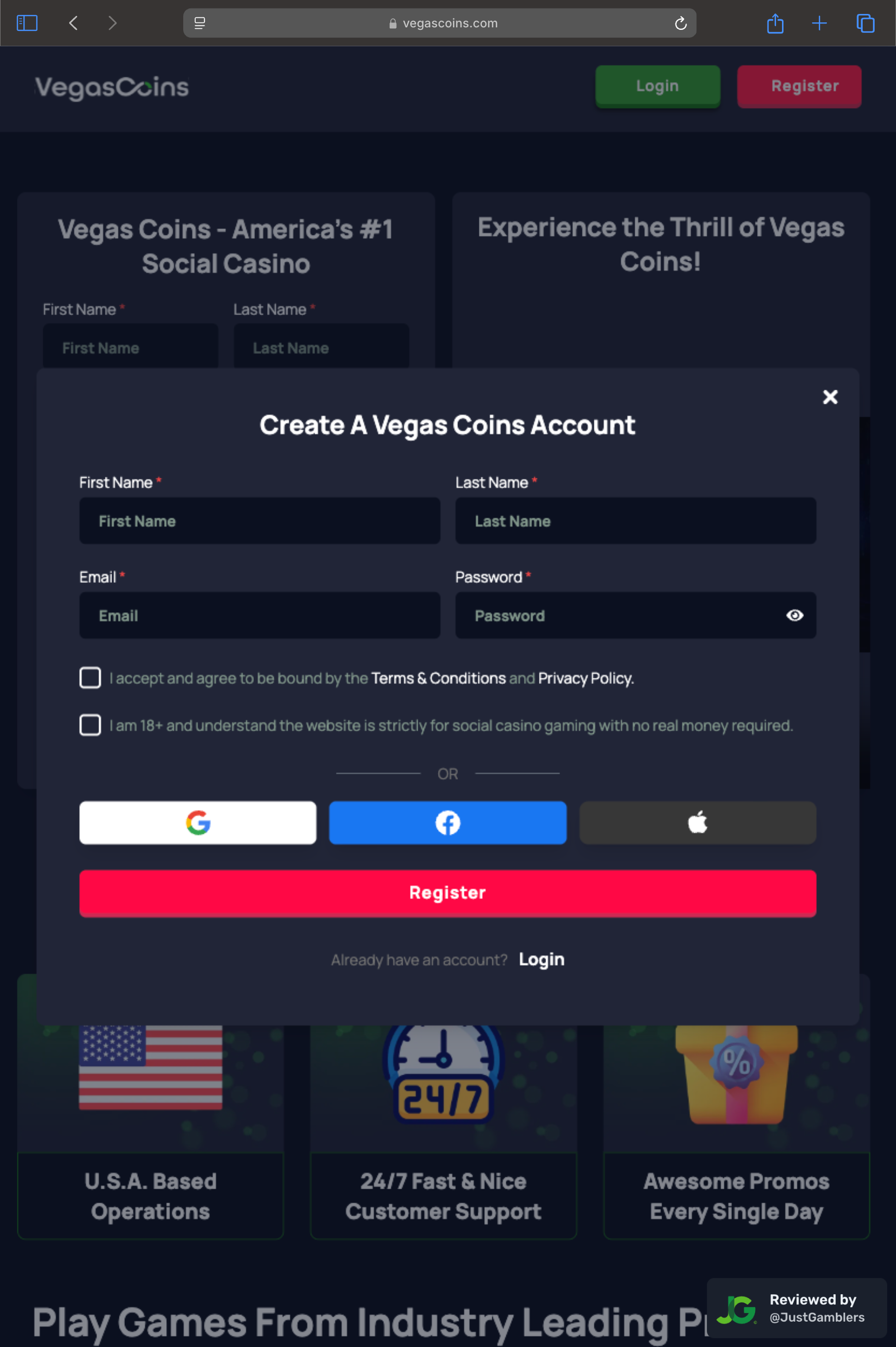 Tablet screenshot of the registration page at Vegas Coins.
