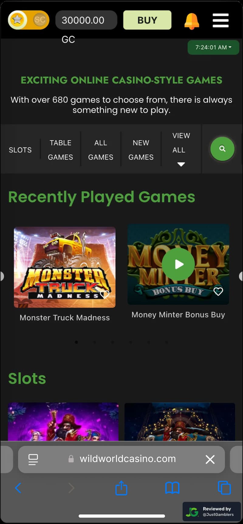 Mobile screenshot of the starting page at Wild World Casino.