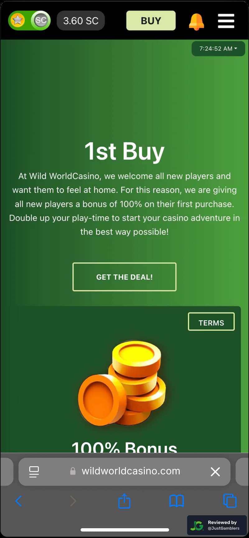 Mobile screenshot of the promo page at Wild World Casino.