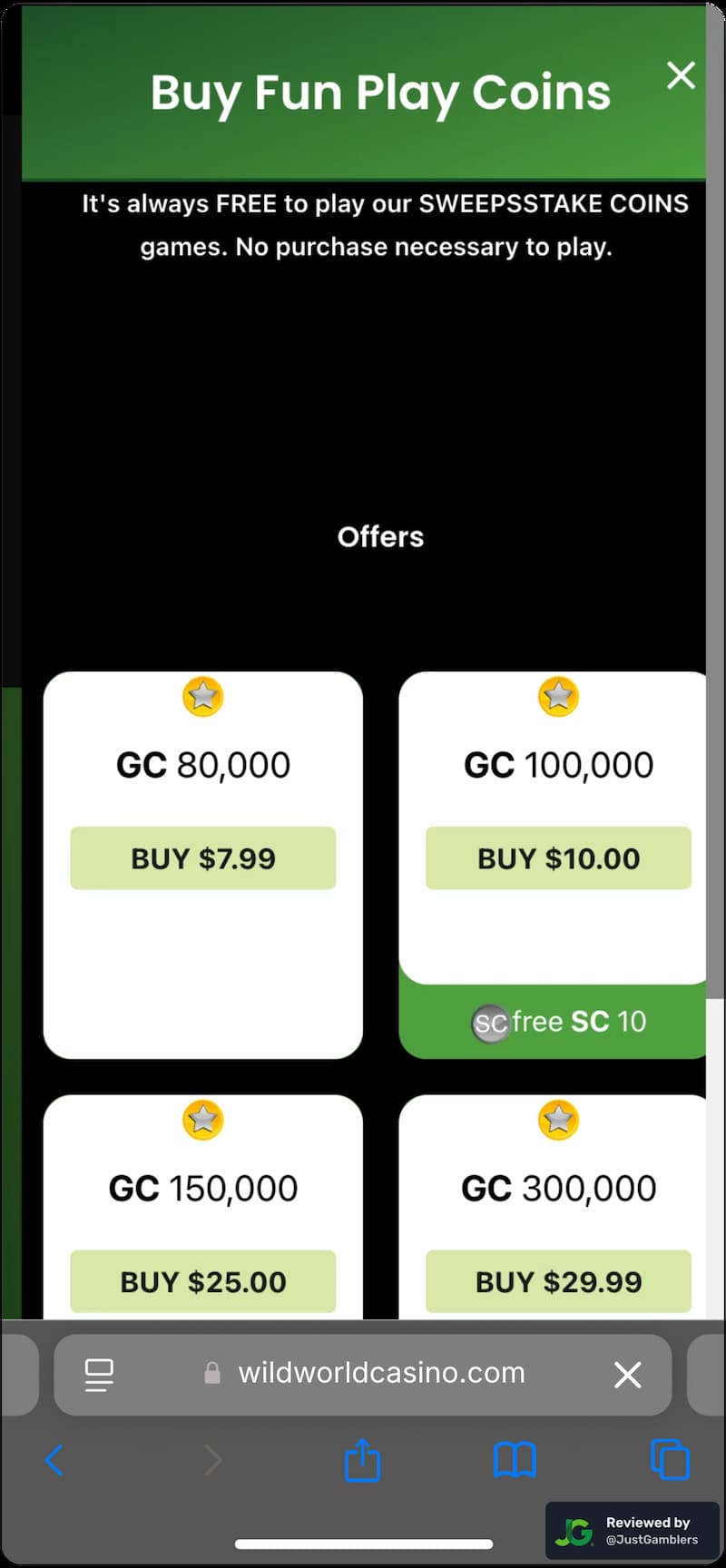 Mobile screenshot of the coin purchase process at Wild World Casino.