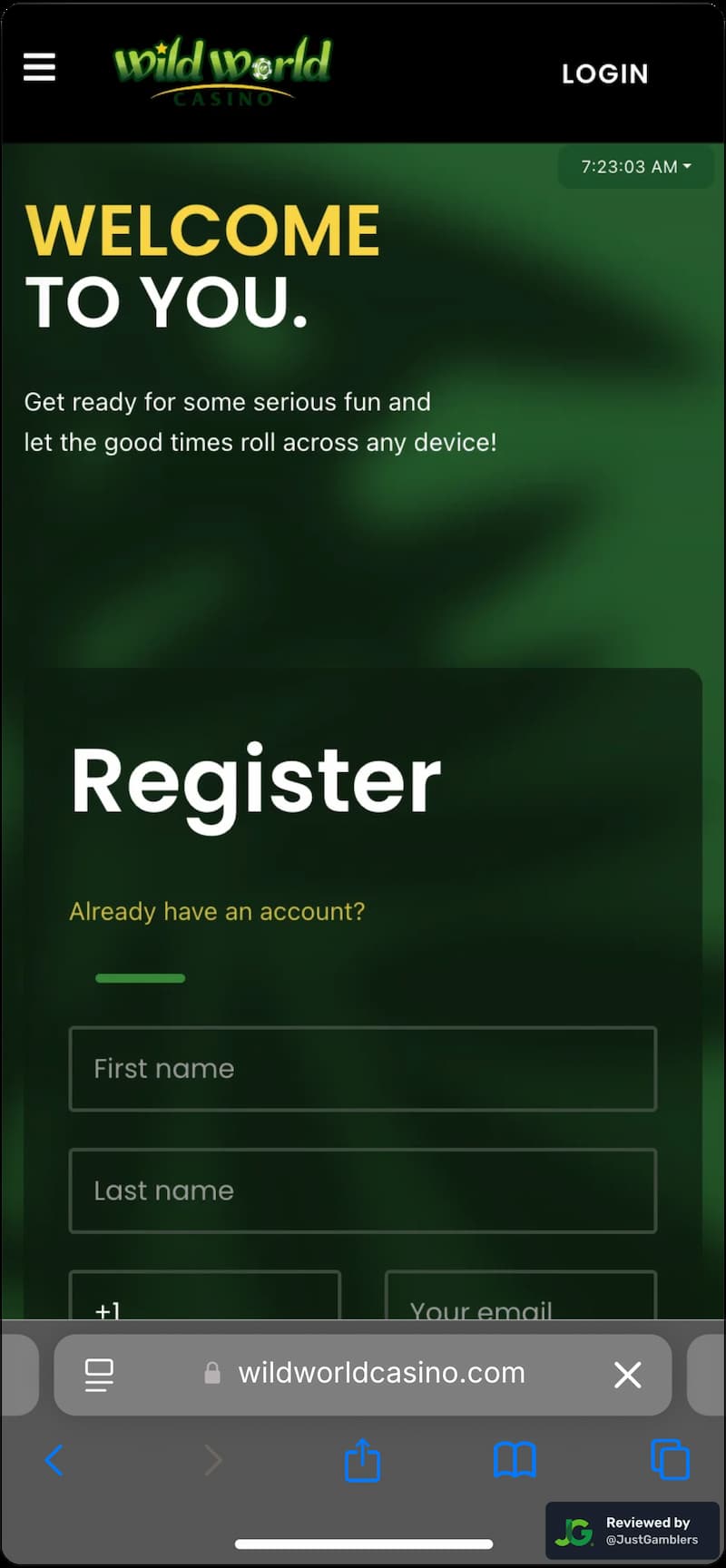 Mobile screenshot of the registration page at Wild World Casino.